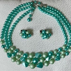 Mid Century 60's Aqua Blue Green Beaded Tri Strand Necklace Clip Earring Set